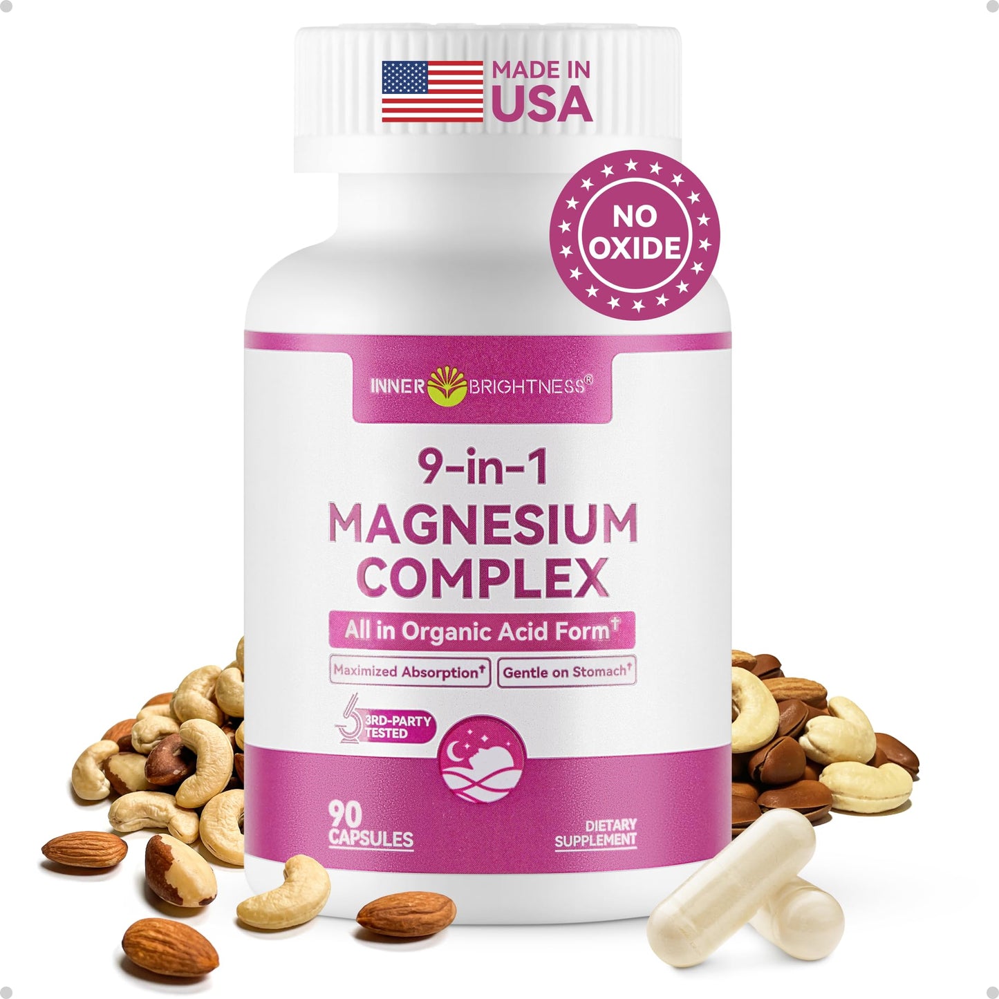 Supplement bottle labeled '9-in-1 Magnesium Complex' with nuts and capsules on a white background