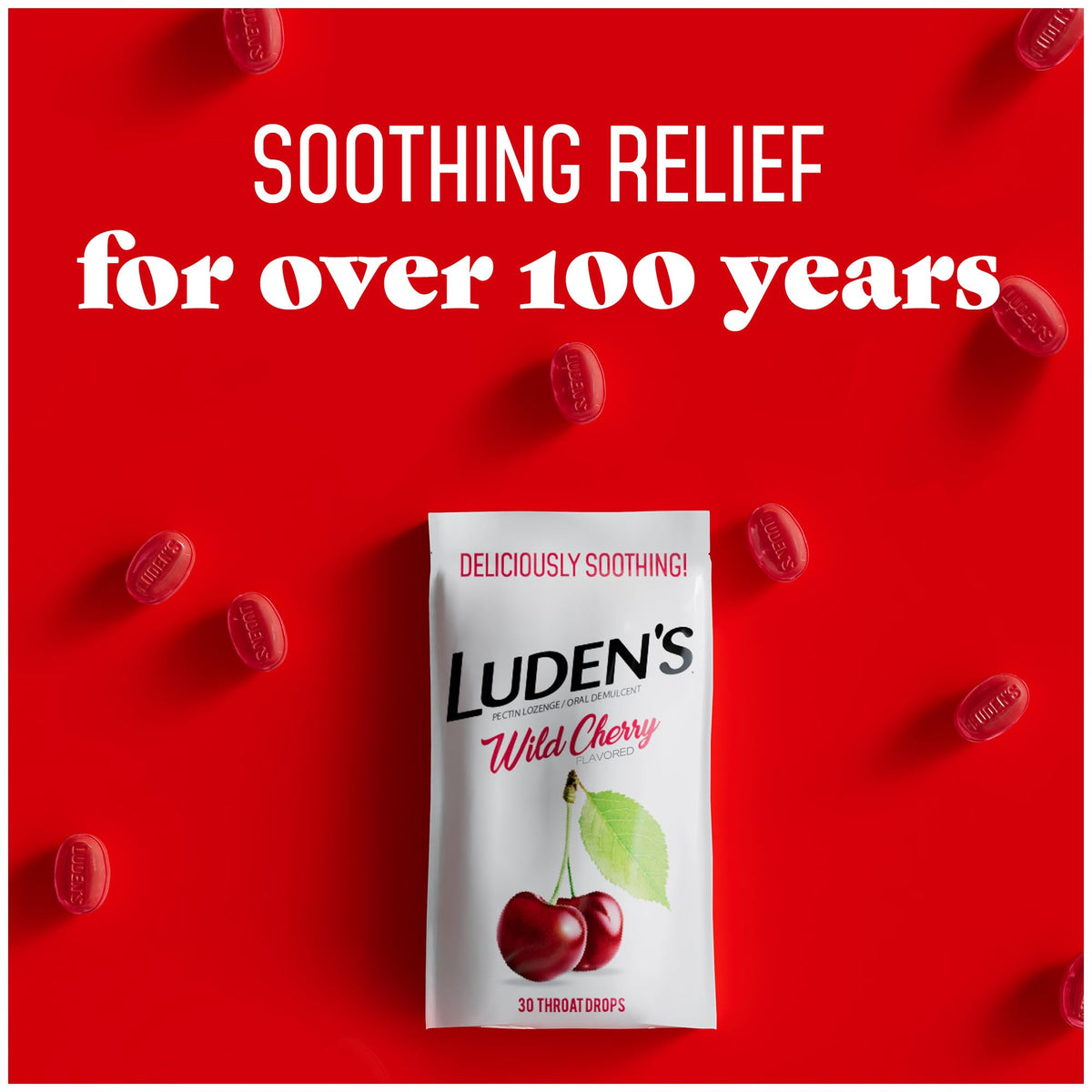 Luden's Sore Throat Relief Lozenges for Minor Everyday Irritation & Dry Mouth, Wild Cherry Flavored Drops, 30 Count