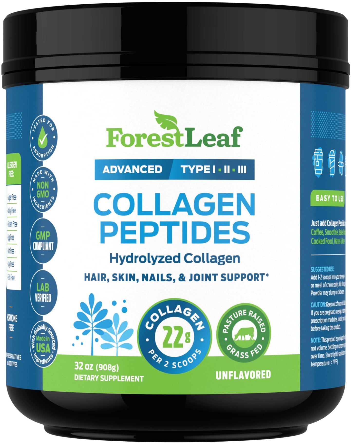 ForestLeaf Collagen Peptides Powder Unflavored - Hydrolyzed Grass Fed Keto Collagen Protein Powder Type 1, 2 & 3 - Vital Hair, Skin, Nails, Joints, Recovery, 11g Per Serving