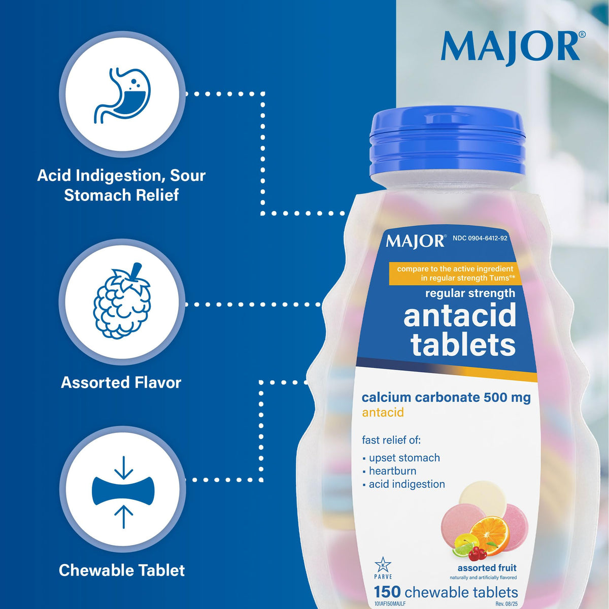 MAJOR Regular Strength Antacid Tablets - Calcium Carbonate 500 mg - Assorted Fruit Flavor - 150 Chewable Count (2 Pack) MAJOR buy supplements Au