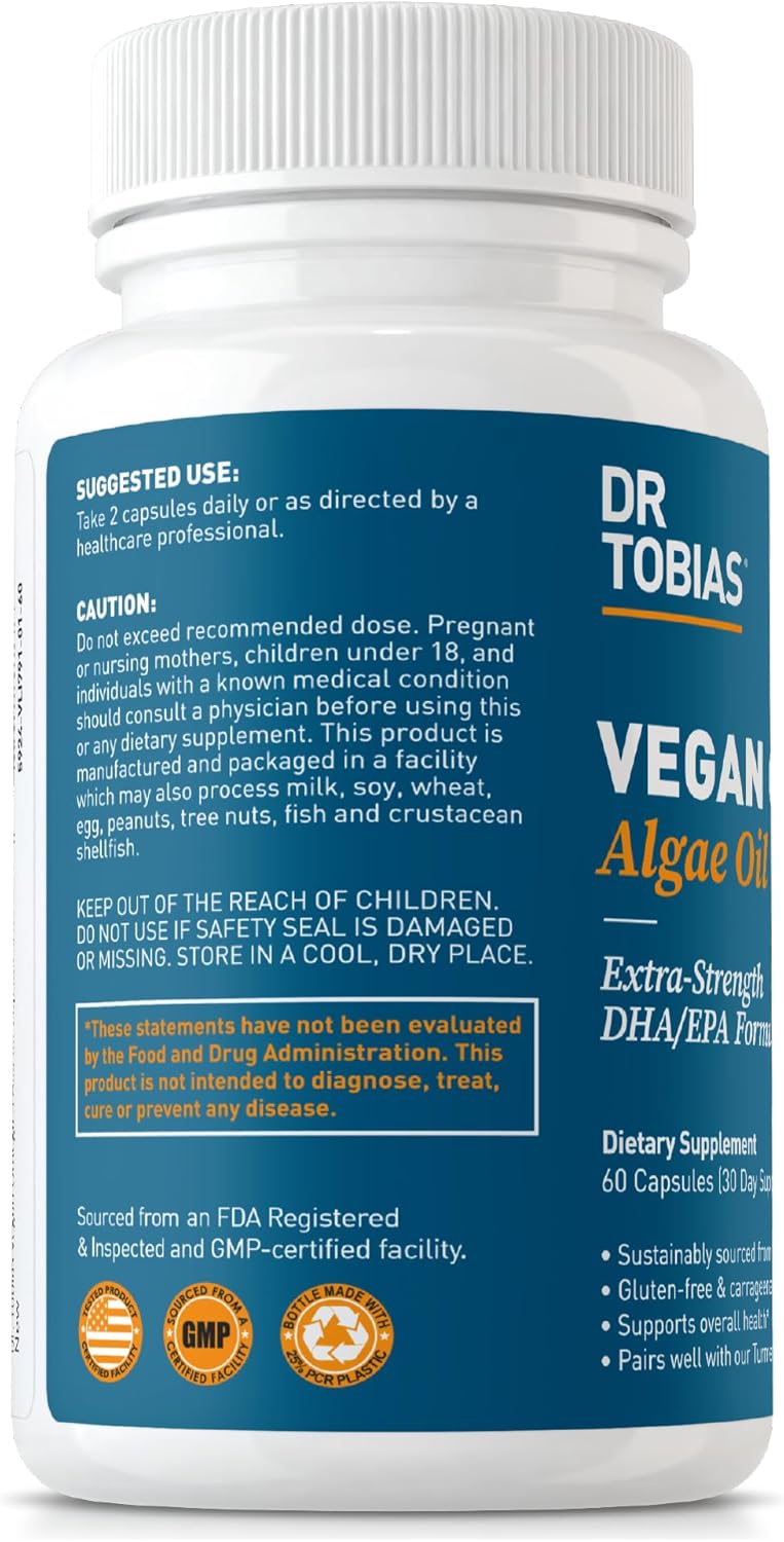 Dr. Tobias Vegan Omega 3 Algae Oil 60 Capsules | Extra-Strength DHA EPA | Plant-Based Omega 3 Supplement | Heart & Brain Support | 420 mg DHA + 210 mg EPA | Lemon Flavor | 30 Servings