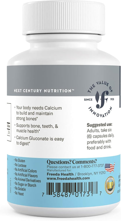 FREEDA Calcium Gluconate Supplement for Bone & Joint Support – 100 Capsules | Supports Teeth & Muscle Health – Pure Calcium w/o Vitamin D – Gentle on Stomach, Easy-to-Digest, Kosher, Vegan, Made in USA