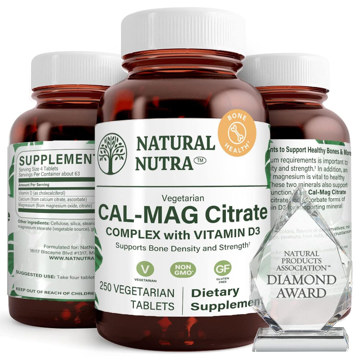 Natural Nutra Cal-Mag Citrate with Vitamin D3,1000/500 mg Complex, Strengthen Bone Density, Muscle and Nerve Health, Help Maintain Healthy Teeth, Highly Bioavailable Sources, 100 Vegan Tablets