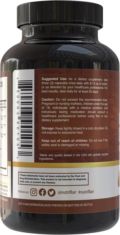 NutriFlair Mushroom Supplement 2600mg, 90 Capsules - 10 Mushrooms Blend - Reishi, Lions Mane, Cordyceps, Chaga, Turkey Tail, Maitake, Shiitake, Oyster Nootropic Formula - Brain, Energy, Focus Pills