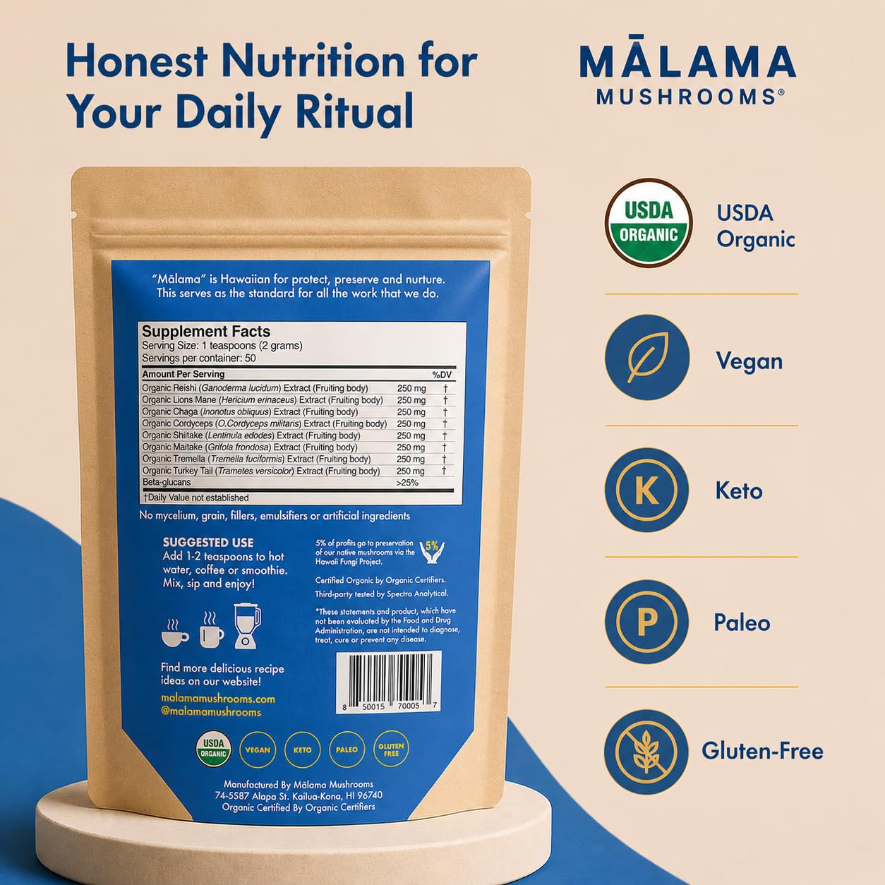8-Mushroom Extract Powder by Malama, Organic Body Mushroom Blend Featuring Lion's Mane, Reishi, Cordyceps, Chaga, Turkey Tail, Superfood Adaptogenic - PrimeBioHealth - canada supplements