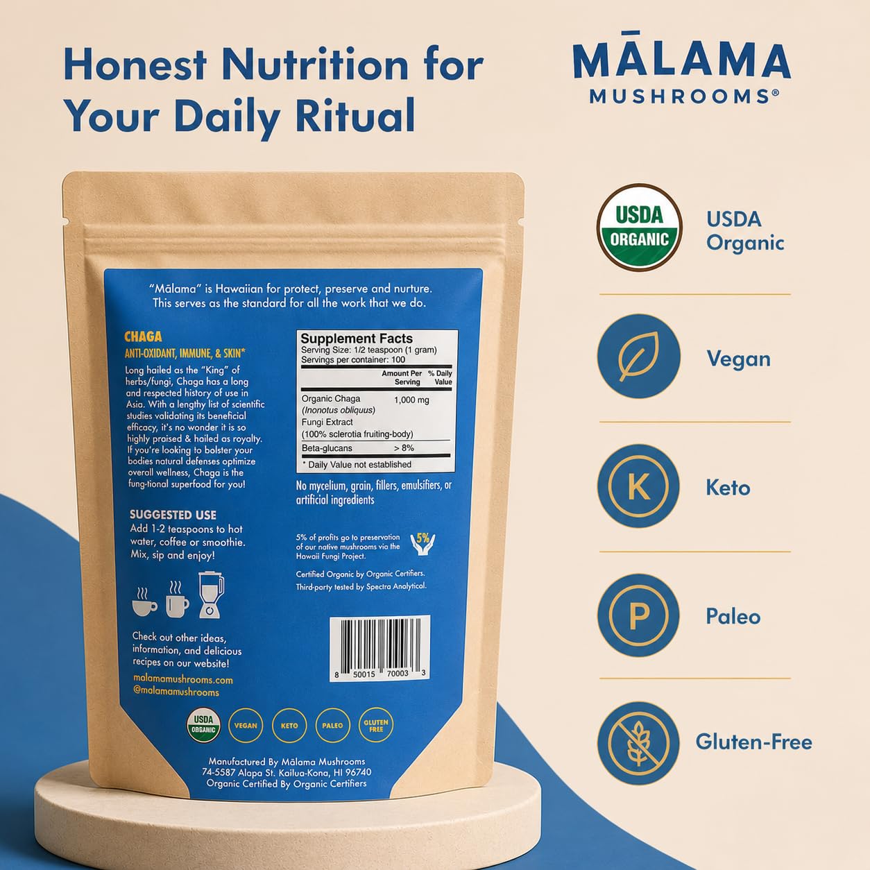 8-Mushroom Extract Powder by Malama, Organic Body Mushroom Blend Featuring Lion's Mane, Reishi, Cordyceps, Chaga, Turkey Tail, Superfood Adaptogenic - PrimeBioHealth - canada supplements