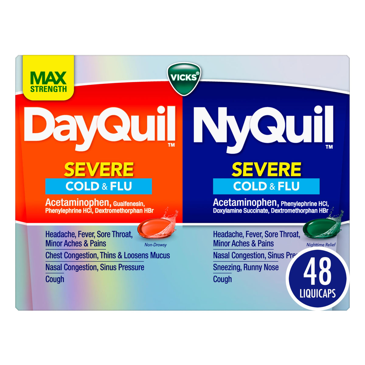 Vicks Dayquil & Nyquil Severe Co-Pack, Cold & Flu Medicine, Powerful Relief For Headache, Fever, Sore Throat, Minor Aches & Pains, Congestion, Sinus Pressure, Stuffy Nose, And Cough, 48 Liquicaps Vicks buy supplements Au