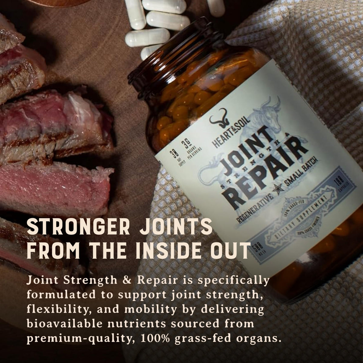 Heart & Soil 100% Grass Fed & Finished Joint Support Supplement from Regenerative Cattle with Trachea, Scapula & Bone Marrow – Supports Joint Strength & Mobility – 3000mg – Glass Bottle – 180 Capsules HEART & SOILBuy Supplements Australia