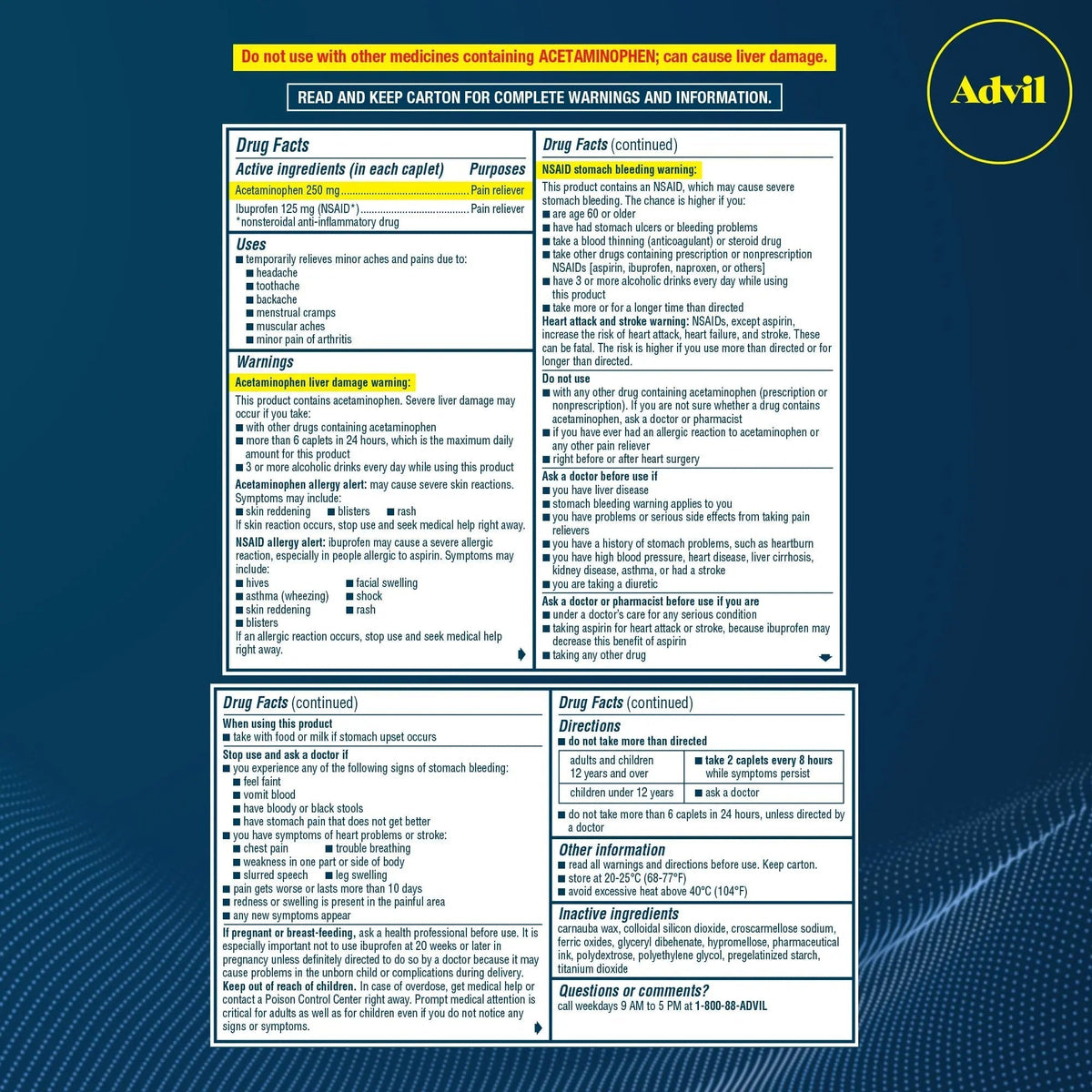 Advil Dual Action Coated Caplets, 125 Mg Ibuprofen and 250 Mg Acetaminophen per Dose (2 Dose Equivalent) for 8 Hour Pain Relief - 216 Count AdvilBuy Supplements Australia