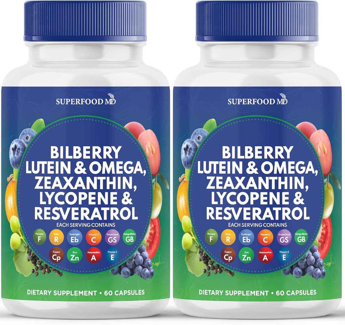 Superfood MD Eye Health Vitamins with Bilberry Lutein & Zeaxanthin Lycopene 40mg Resveratrol Grape Seed Extract Astaxanthin- AREDS 2 - Eye Vitamin - 120 Capsules