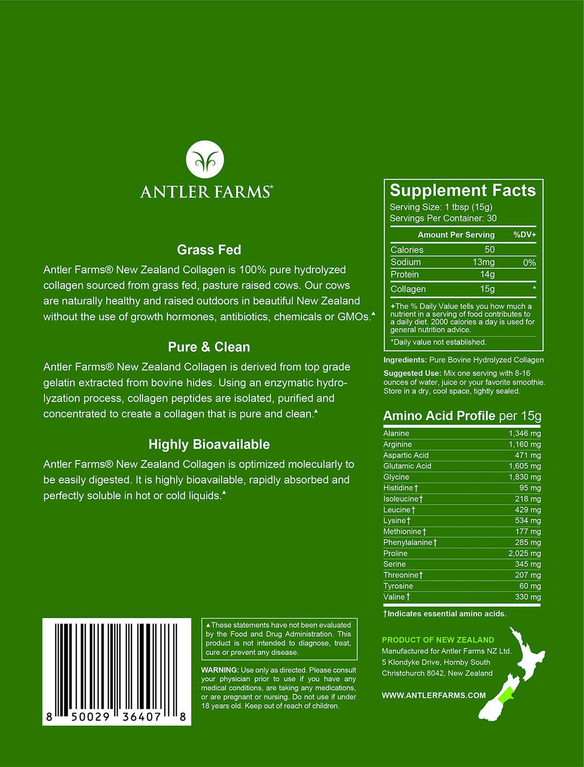 Antler Farms - 100% Pure New Zealand Collagen Powder from Grass Fed Cows, Unflavored, 1 lb - Hydrolyzed Cold Water Soluble Peptides, Keto Friendly, Bioavailable, Quick Dissolving Antler Farms buy supplements Au