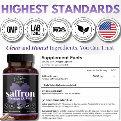 Leah Rose Essentials Saffron Supplement 88.5mg | Mood, Focus, and Stress Support | 60 Premium Saffron Extract Capsules | Made in the USA | 3rd Party Lab Tested | Non-GMO, Vegan, Gluten-Free