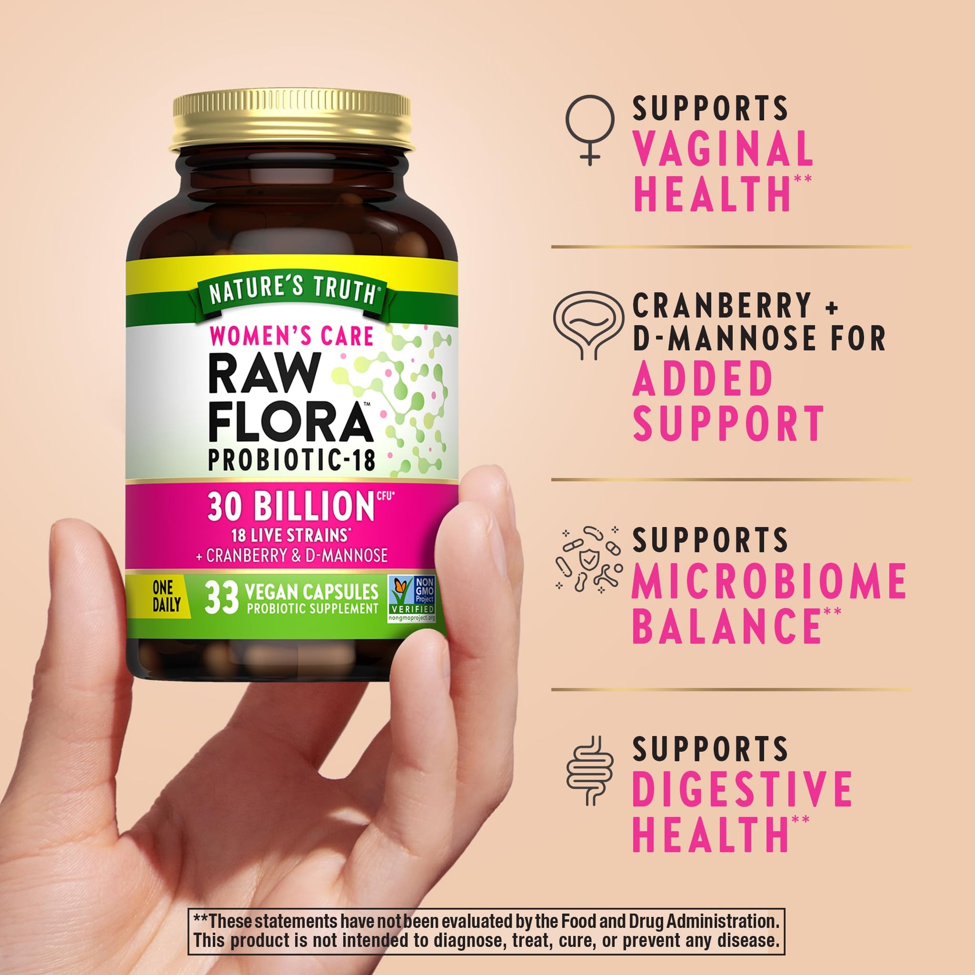 Raw Flora Probiotics for Women | 30 Billion CFU | 33 Capsules | with Cranberry and D-Mannose | Vegan, Non-GMO & Gluten Free Supplement Nature's Truth buy supplements Au