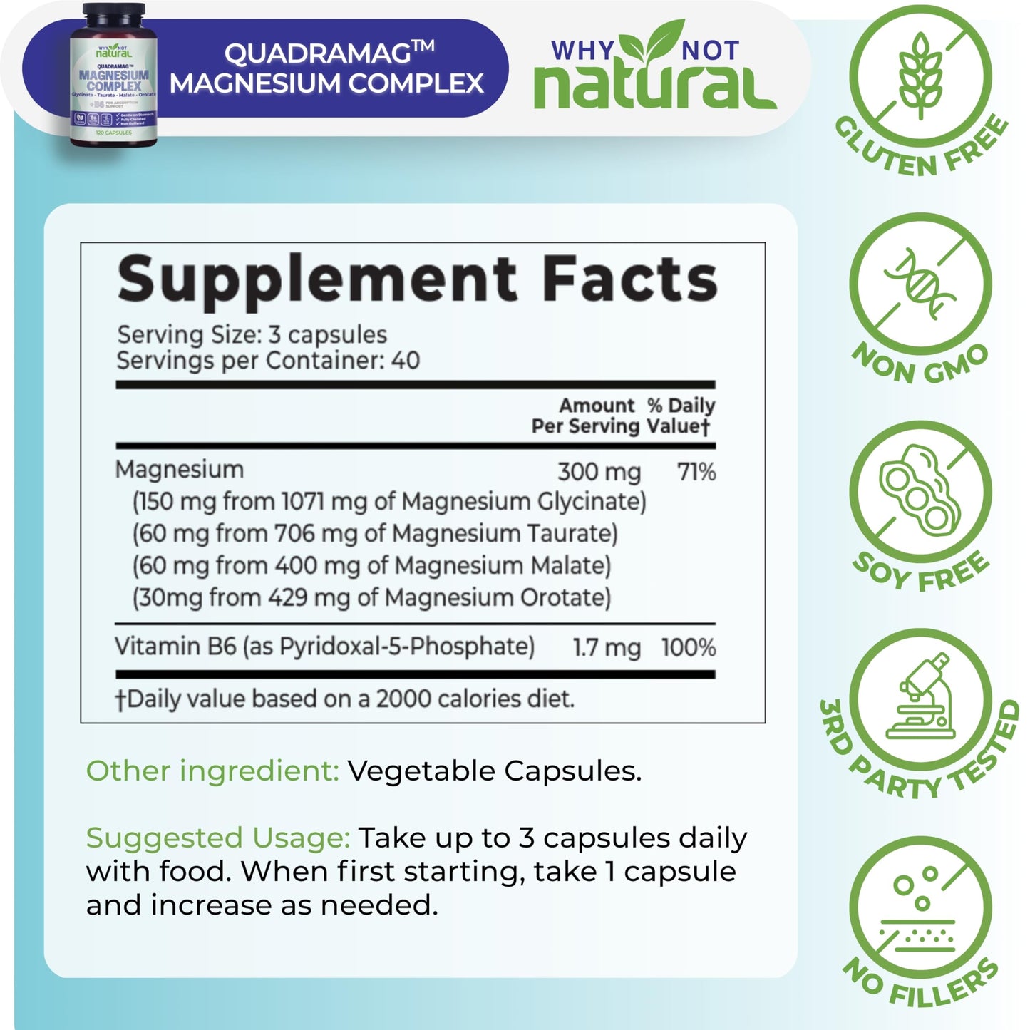 4-in-1 Magnesium Complex Supplement - Glycinate, Taurate, Malate, Orotate Blend - 300 mg per Serving, 120 Capsules Why Not Natural buy supplements Au