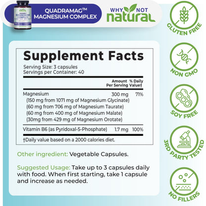 4-in-1 Magnesium Complex Supplement - Glycinate, Taurate, Malate, Orotate Blend - 300 mg per Serving, 120 Capsules Why Not Natural buy supplements Au