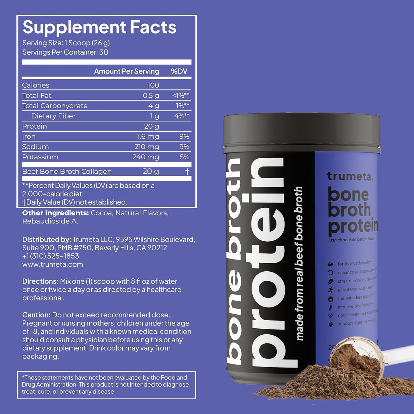 Beef Bone Broth Protein Powder - 20g Beef Protein Lush Chocolate Delight Flavor - Bone Broth Powder Supplement - Enhance Workout Recovery, Joint Flexibility & Digestive Health - 27.5 oz