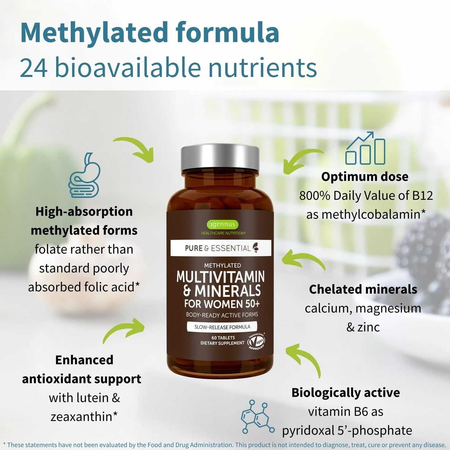 Igennus Methylated Women's 50+ Multivitamin with Calcium & Magnesium, Pure & Clean, All-Day Nutrient Delivery with High-Strength B-Vitamins Igennus Healthcare Nutrition
