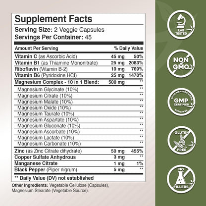 Gade Nutrition Magnesium Complex 10 in 1 - Glycinate, Citrate, Malate, Oxide, Taurate, Aspartate, Gluconate Ascorbate Lactate Carbonate Zinc Copper Manganese & Vitamins 90 Count GADE NUTRITION BOOST YOUR HEALTH buy supplements Au