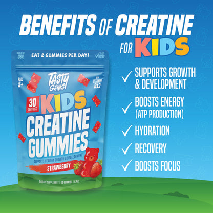TASTY GAINS Kids & Teen Creatine Gummies with Vitamin B12 for Growth Support, Easy Chew Daily Supplement, Gummy Vitamins for Kids and Teens, Ages 5+ TASTY GAINS buy supplements Au