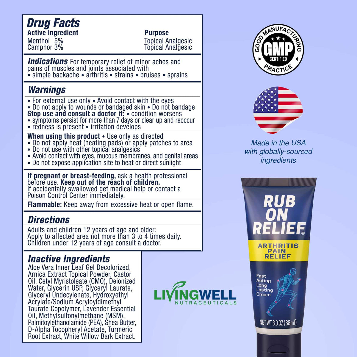 RUB ON RELIEF Arthritis Pain Relief Cream – 10-in-1 Non-Greasy Joints Pain Cream for Knees, Back, Neck, Hands, & Muscle Aches with Menthol, Camphor, Arnica, MSM & Turmeric Up to 8 Hours, 3oz (1 Pack)