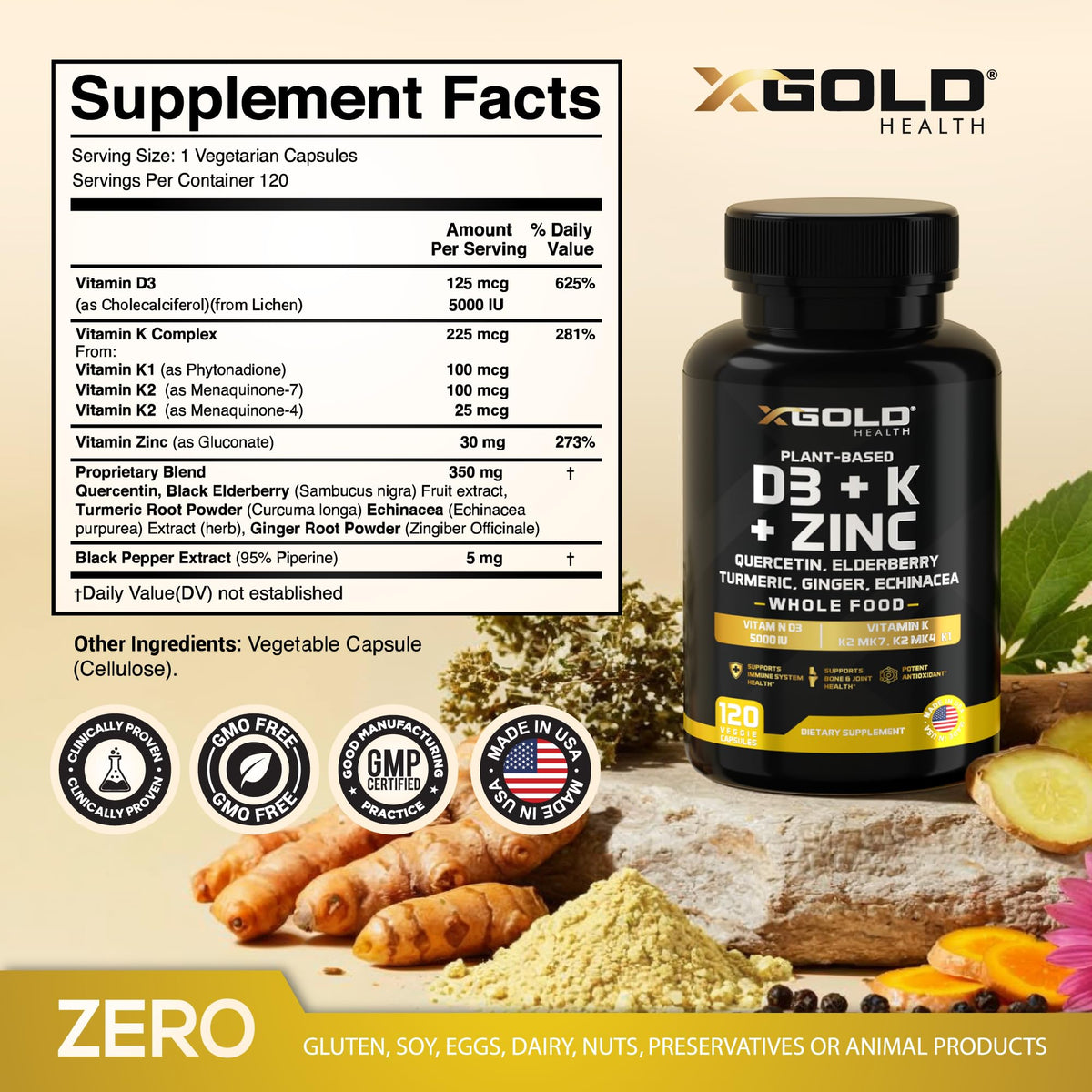 Vitamin D, K2, K1, Zinc, Quercetin, Elderberry, Turmeric, Ginger & Echinacea Whole Food Supplement 8 in 1- D3 5000 IU Plant-Based from Lichen, Vitamin K (K2 MK7, MK4, K1)