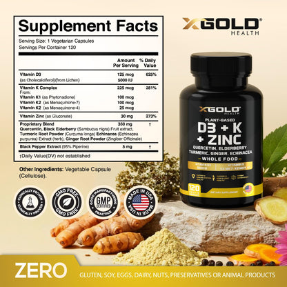 Vitamin D, K2, K1, Zinc, Quercetin, Elderberry, Turmeric, Ginger & Echinacea Whole Food Supplement 8 in 1- D3 5000 IU Plant-Based from Lichen, Vitamin K (K2 MK7, MK4, K1)