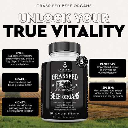 Ancestral Supplements Beef Liver & Beef Organs Bundle – Supports Energy, Immunity & Whole Body Wellness – Grass Fed, Pasture Raised Multivitamin with Liver, Heart, Kidney, Pancreas & Spleen, Non-GMO
