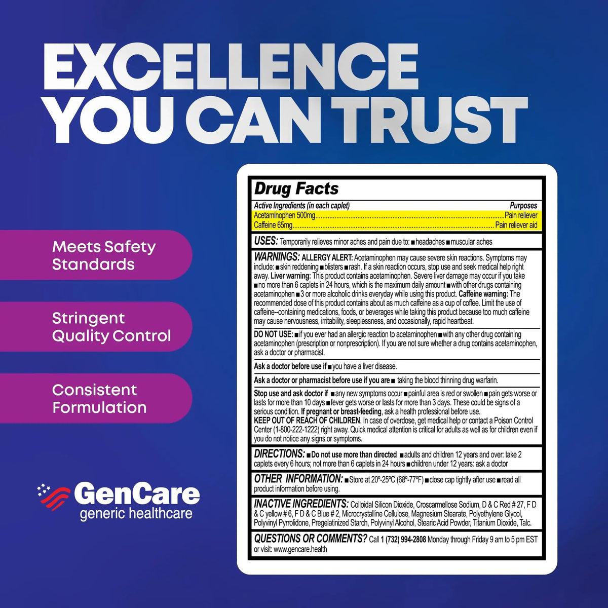 GenCare - Tension Headache Relief Pain Reliever with Acetaminophen 500 mg & Caffeine 65 mg (200 Caplets) Best Value Bulk Extra Strength for Head, Migraine, Joint Pain & Body Ache Relief Medicine GenCareBuy Supplements Australia