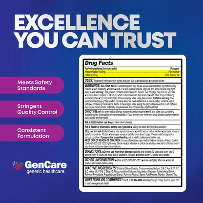 GenCare - Tension Headache Relief Pain Reliever with Acetaminophen 500 mg & Caffeine 65 mg (200 Caplets) Best Value Bulk Extra Strength for Head, Migraine, Joint Pain & Body Ache Relief Medicine GenCareBuy Supplements Australia