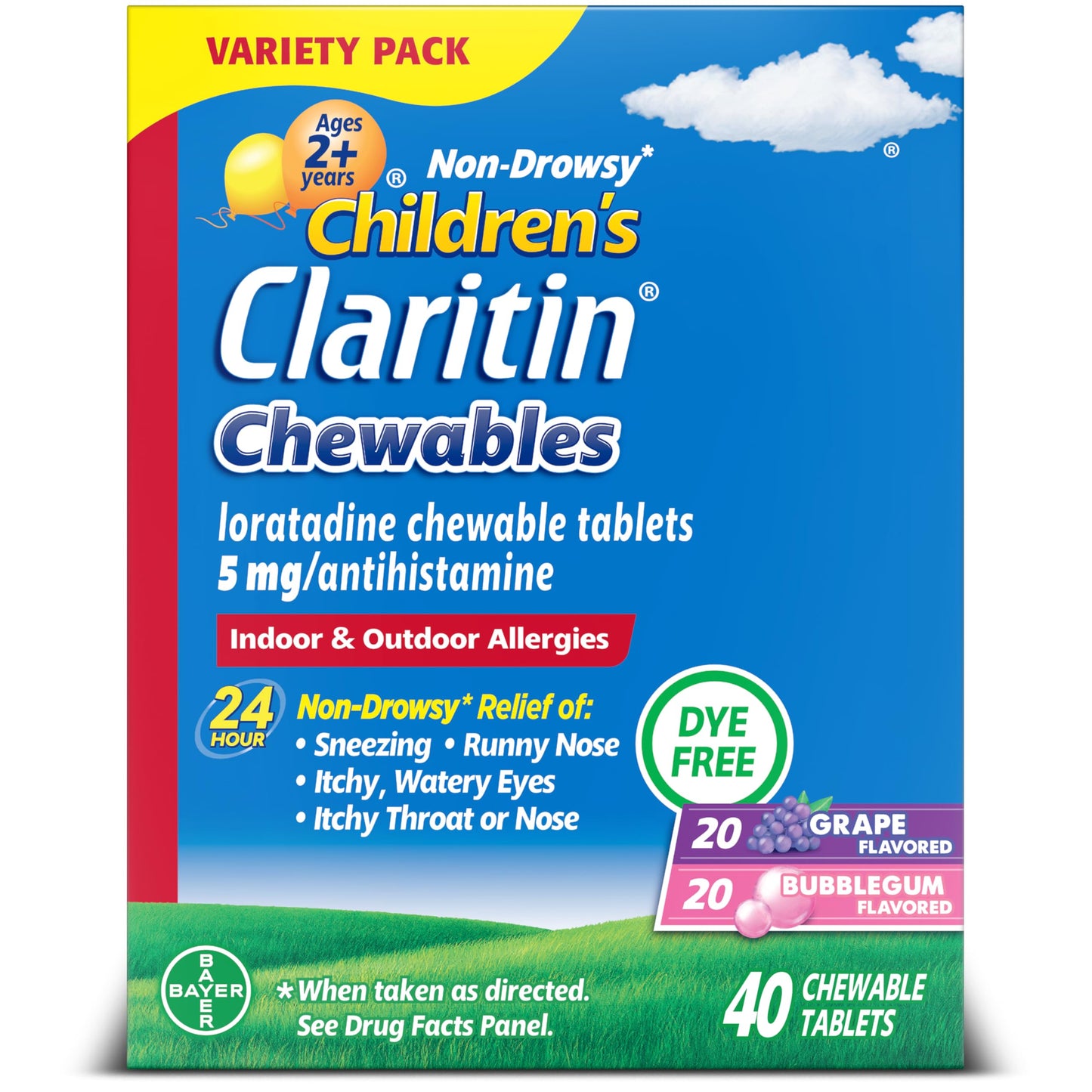 Claritin Children's Allergy Medicine, 24-Hour Non-Drowsy Loratadine 5mg Chewable Tablet, Antihistamine for Kids Ages 2 Years and Older, Grape & Bubble Gum Flavors, Dye-Free, 40 Tablets Claritin buy supplements Au