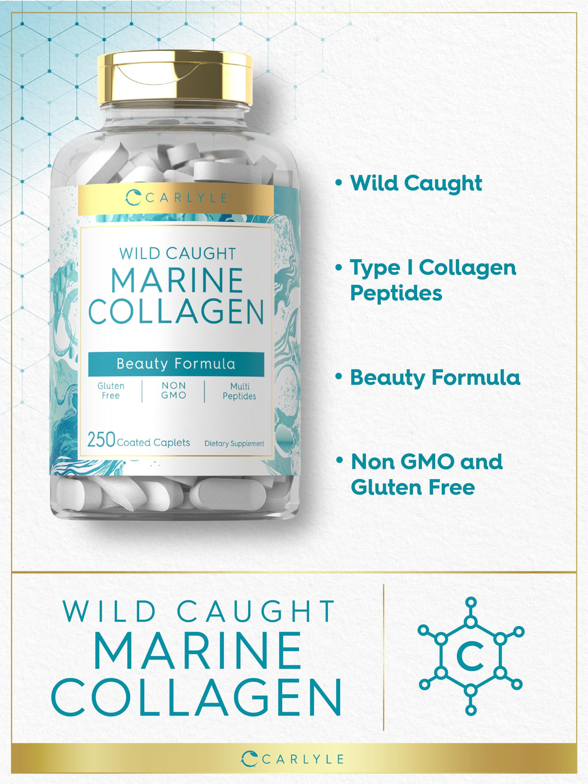 Carlyle Marine Collagen for Hair Skin and Nails | 250 Caplets | Peptides for Women and Men | Type I with Calcium | Non-GMO & Gluten Free Carlyle buy supplements Au
