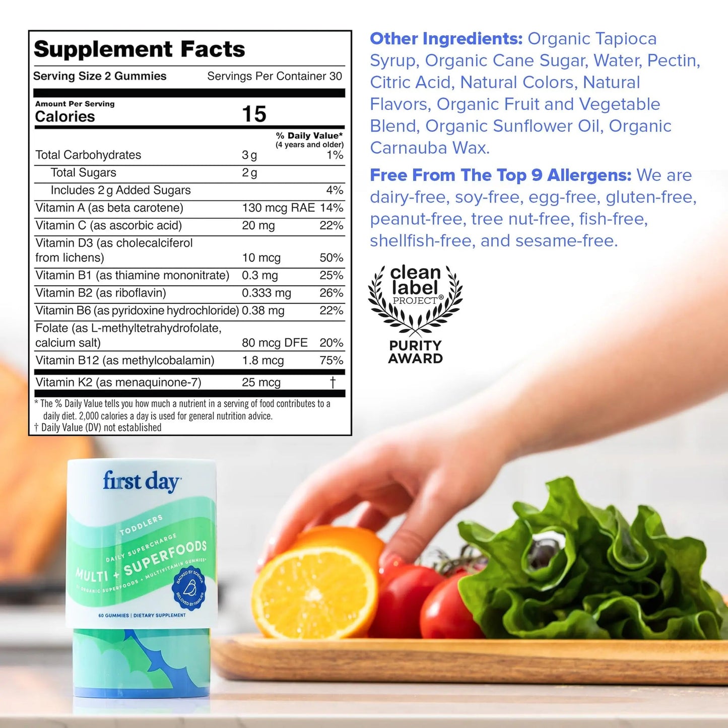 FIRST DAY Toddler Multivitamin Gummies (Ages 2-3)| Kids Multivitamin Gummies with Vitamins A C D3, B2, B12, Choline, Folate and 21 Organic Superfoods| (30 Day Supply) FIRST DAY