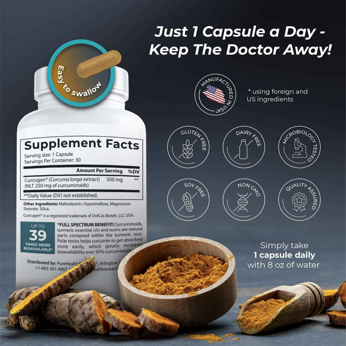 PUREHEALTH RESEARCH Curcumin Extract - High Absorption Turmeric Supplement for Robust Immune Support - Joint Support for Overworked Joints and Muscles - Powered by Curcugen x39 Bioavailable - 1 Bottle
