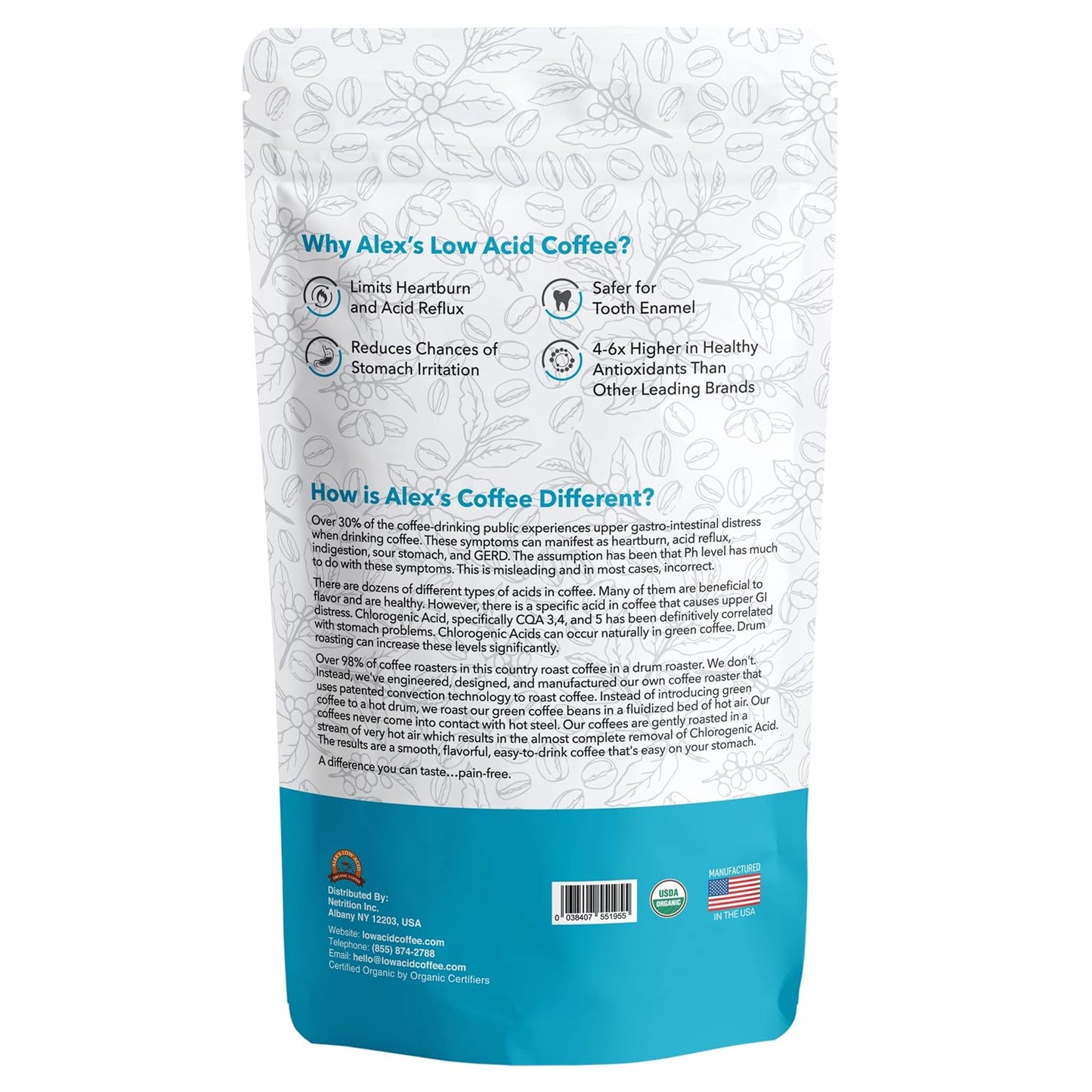 Alex's Low Acid Organic Coffee 12oz Bag - Half Caff Fresh Ground (Pack of 1)