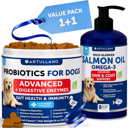 Probiotics + Salmon Oil for Dogs Bundle - Dog Probiotics and Digestive Enzymes with Prebiotics for Gut Health, Itchy Skin, Allergies, Immunity, Yeast Balance - Wild Alaskan Salmon Oil for Dogs Skin an