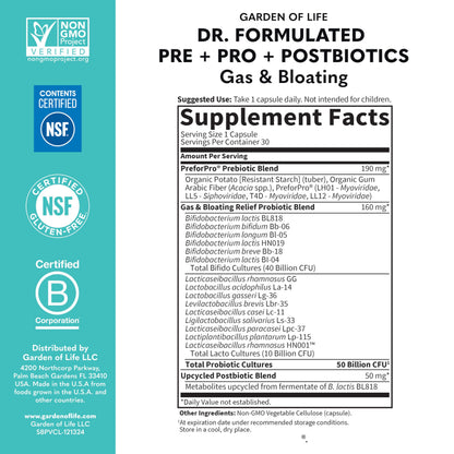 Garden of Life Dr. Formulated Pre, Post & Probiotics Gas & Bloating Once Daily 3-in-1 Complete Prebiotics, Postbiotics & Probiotics – 50 Billion CFU, Non-GMO, Gluten-Free, 30 Day Supply Garden of Life buy supplements Au