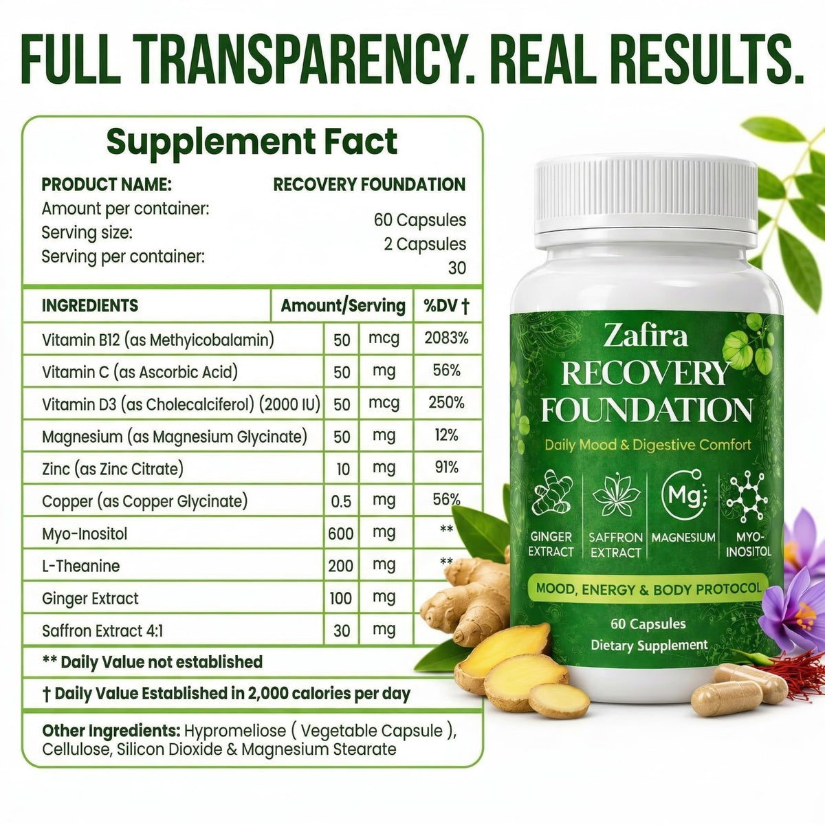 DYDUON Zafira Recovery Foundation Capsules – Mental Clarity, Hair & Mood Support, Natural Herbal Formula with Saffron Extract, Ginger Extract, L-Theanine, Myo-Inositol, Non-GMO, 60 Capsules DYDUONBuy Supplements Australia