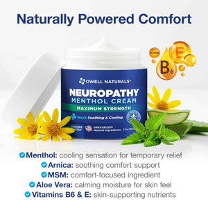 Owell Naturals Neuropathy Cream Extra Strength – Fast Absorbing Cooling for Leg, Feet & Hands – Advanced Soothing Formula with Aloe Vera, Arnica, MSM & Vitamin B6 – Made in USA, 2 fl oz