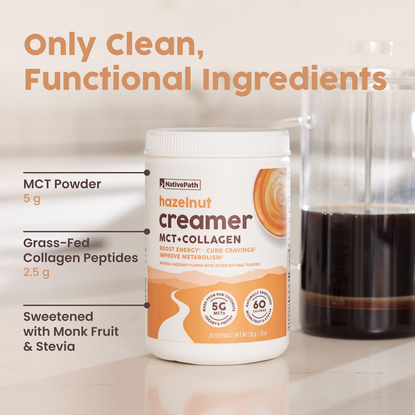NativePath Keto Creamer, French Vanilla, Collagen & MCT, 20 Servings | Sugar-Free, Monk Fruit Sweetened, Non-Dairy & Creamy, Supports Skin, Hair & Nails, Low-Carb Friendly