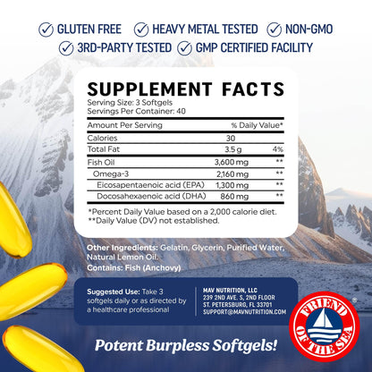 Triple Strength Omega 3 Fish Oil 3600 mg | EPA & DHA | Over 2100mg Omega-3 Fatty Acids | 1300mg EPA + 860mg DHA | Best Essential Fatty Acids | Premium Wild Caught & Burpless Fish Oil | 120 Ct MAV NUTRITION buy supplements Au