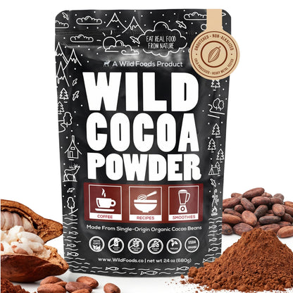 Wild Foods Organic Cocoa Powder Unsweetened for Baking & Cooking, Raw Cacao Powder, Organic Single-Origin Non-Dutched Dark Cocoa, 100% Pure, Non-GMO, Vegan Keto Superfood, Purity Tested, 12 oz