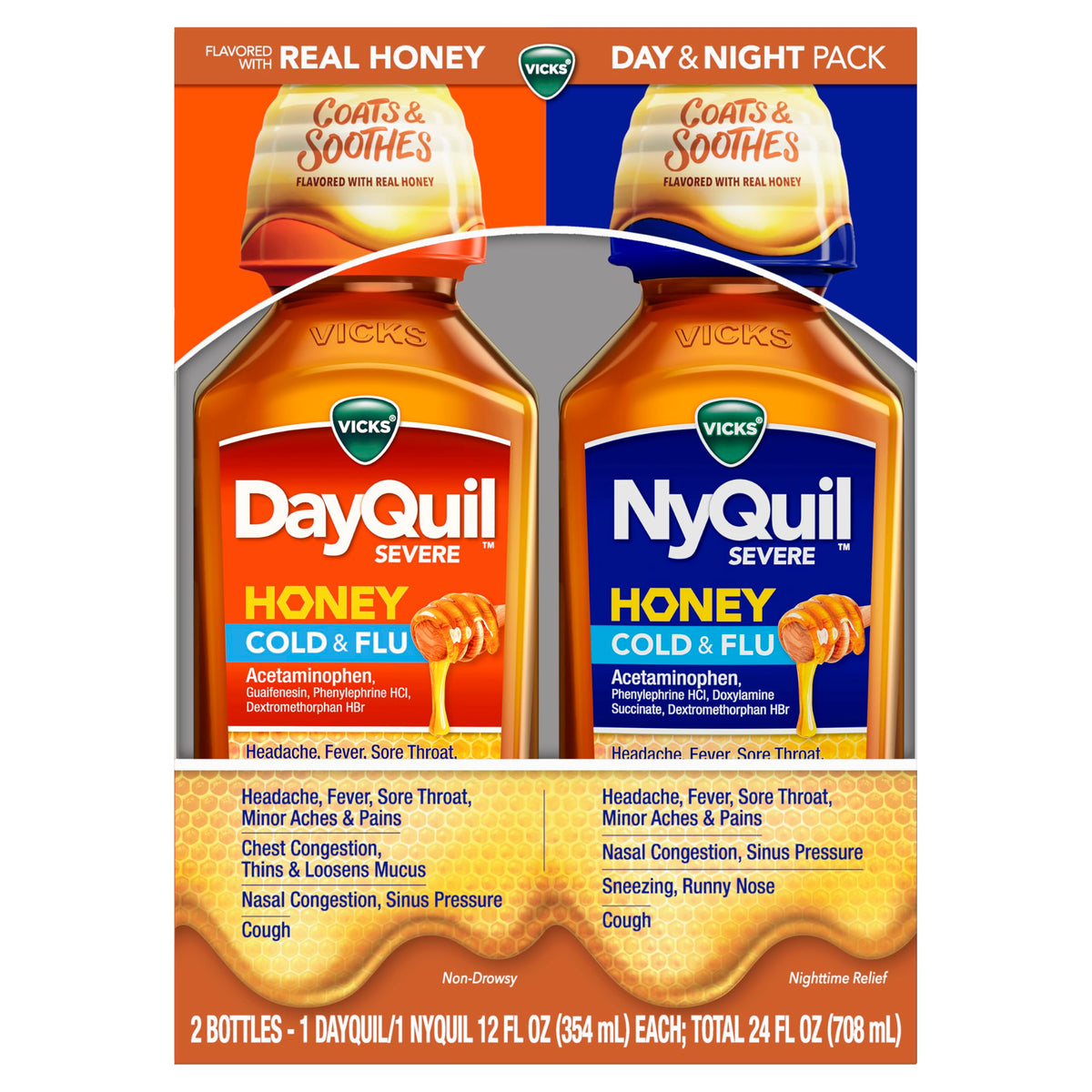 Vicks Dayquil & Nyquil Severe Honey Flavor Co-Pack, Cold & Flu Medicine, Relieves Headache, Fever, Sore Throat, Minor Aches & Pains, Nasal Congestion, Sinus Pressure, Stuffy Nose, And Cough, 2X12Oz Vicks buy supplements Au