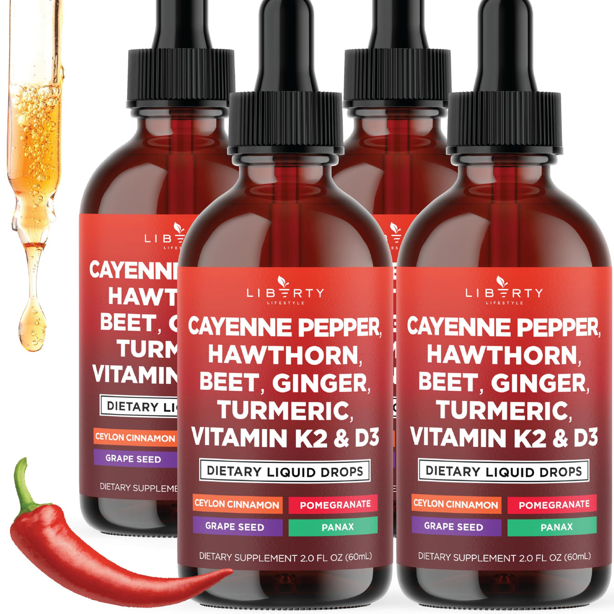 Cayenne Pepper Supplement Liquid Drops + Hawthorn Berry, Vitamin D3 K2 Beet Root Powder, Ceylon Cinnamon, Turmeric Curcumin, Organic Panax Ginseng - 4oz