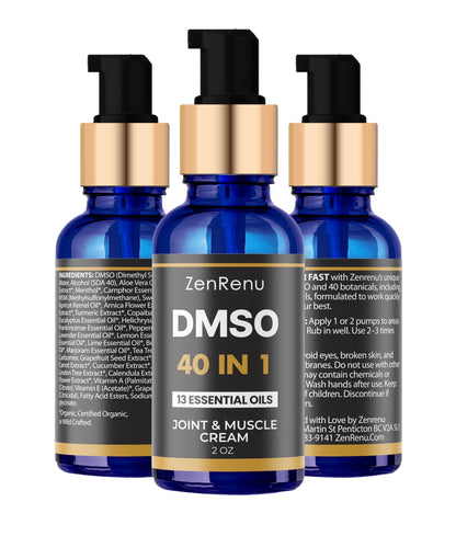 Zenrenu DMSO Cream 99.995% Pure Pharmaceutical Grade - 40-in-1 Advanced Formula -12 Essential Oils, Arnica, Aloe Vera, MSM - Fast-Absorbing Cream – 2 oz Glass Pump Bottle – Made in USA ZenrenuBuy Supplements Australia