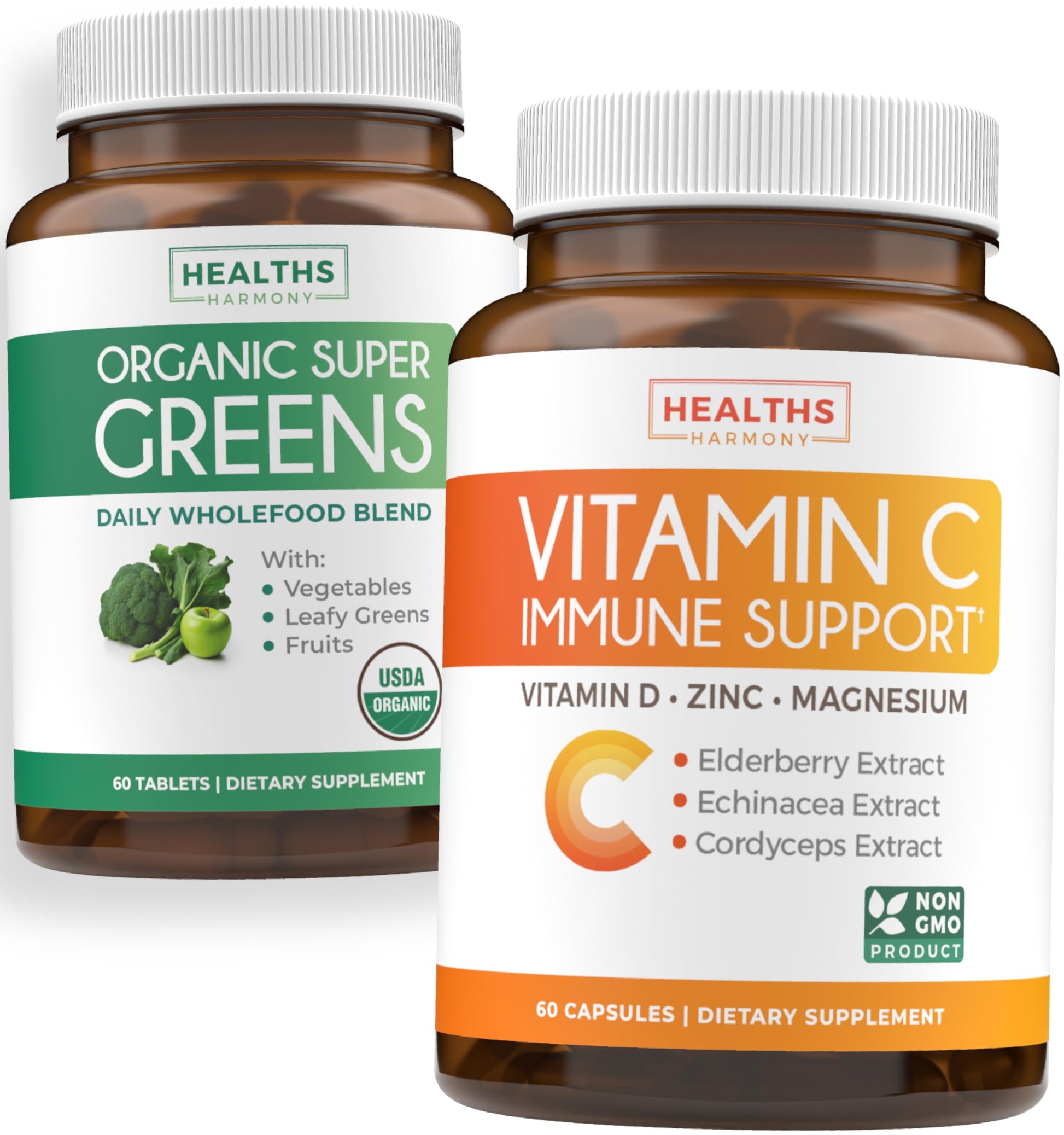 Two supplement bottles labeled 'Organic Super Greens' and 'Vitamin C Immune Support' on a white background.