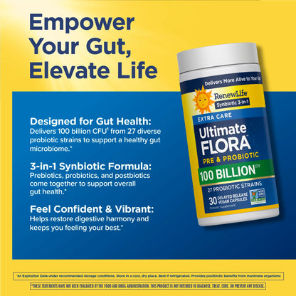 Renew Life Extra Care Digestive Probiotic 50 Billion CFU | 90 Vegetarian Capsules | Supports Digestive, Immune & Respiratory Health | Dairy, Soy and Gluten Free Supplement