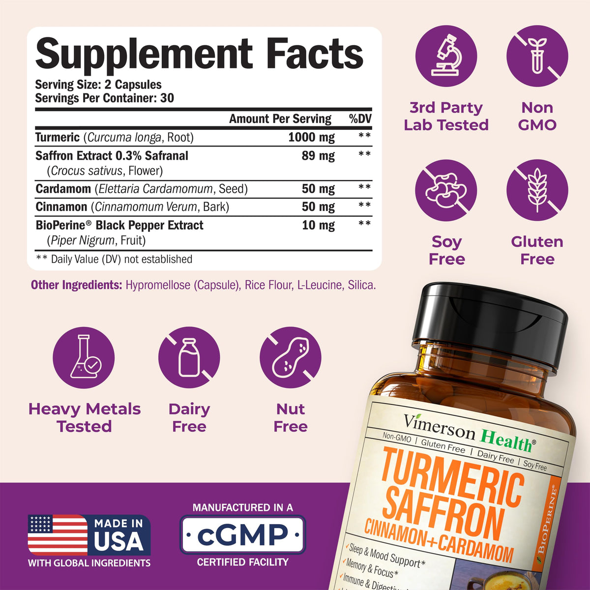 Saffron Supplements – 89mg Saffron Extract, 1000mg Turmeric Curcumin, Ceylon Cinnamon & Cardamom – Daily Mood, Joint & Metabolic Support
