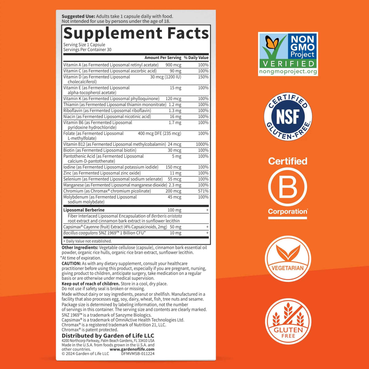 Garden of Life Dr. Formulated Multi+ Metabolism Support - Fermented Liposomal Multivitamin + Chromax, Capsimax, Berberine & Probiotics - 30 Capsules
