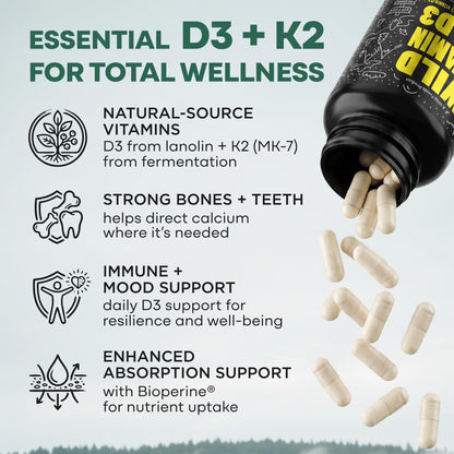 Wild Foods 5000iu Vitamin D3 + K2 | (100mcg Mk7) with Black Pepper Extract, Plant-Based, Non-GMO, Soy & Gluten-Free | Dietary Supplement | Made in USA | 60 Capsules