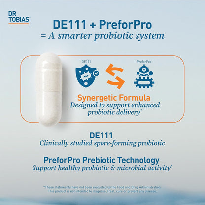Dr. Tobias Deep Immune Probiotic + Prebiotic 60 Capsules | Gut Health | Dual Action Gut & Immune Support | DE111 Spore Forming Probiotics + PreforPro | Targeted Release | Shelf Stable | 30 Servings